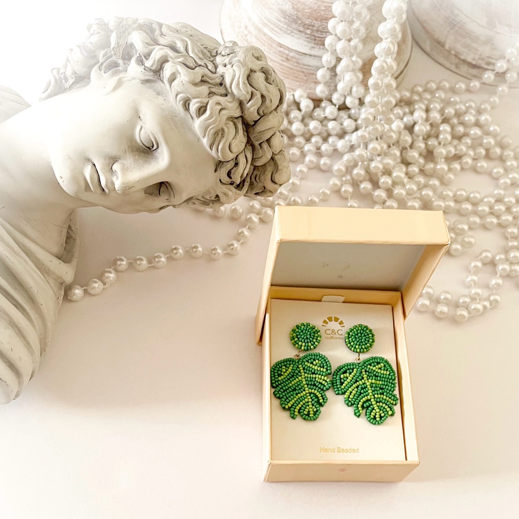 Nwt Green Hand Beaded Leaf Drop Earrings